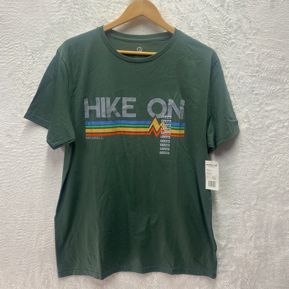 Merrell Hiking Graphic T-Shirt Men XL Green Cotton Short Sleeve Outdoors Hike On